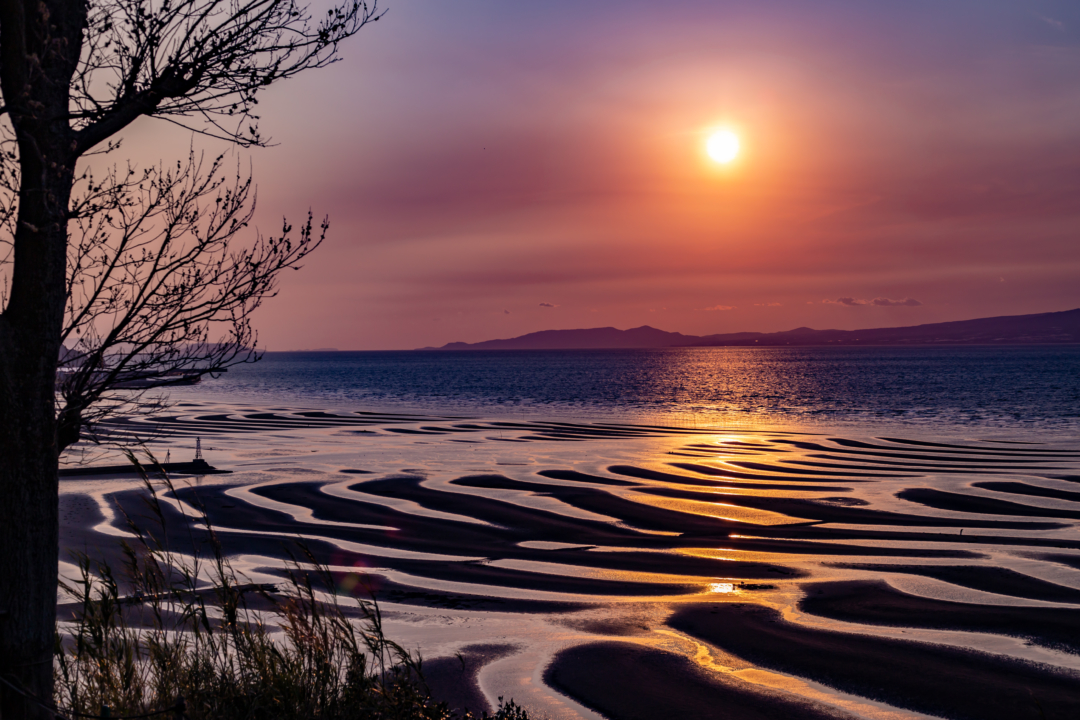 御輿来海岸が作り出す砂紋の夕焼けは異世界の美しさであった。