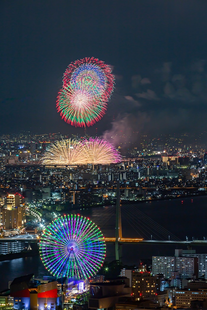 さきしまコスモタワーから淀川花火大会を望遠で撮る。混雑具合、場所取りなどを紹介。